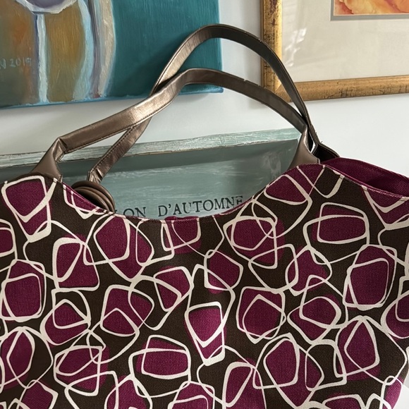 Purple and Brown Geometric Tote Bag with Faux Leather Metallic Handles - Picture 5 of 10